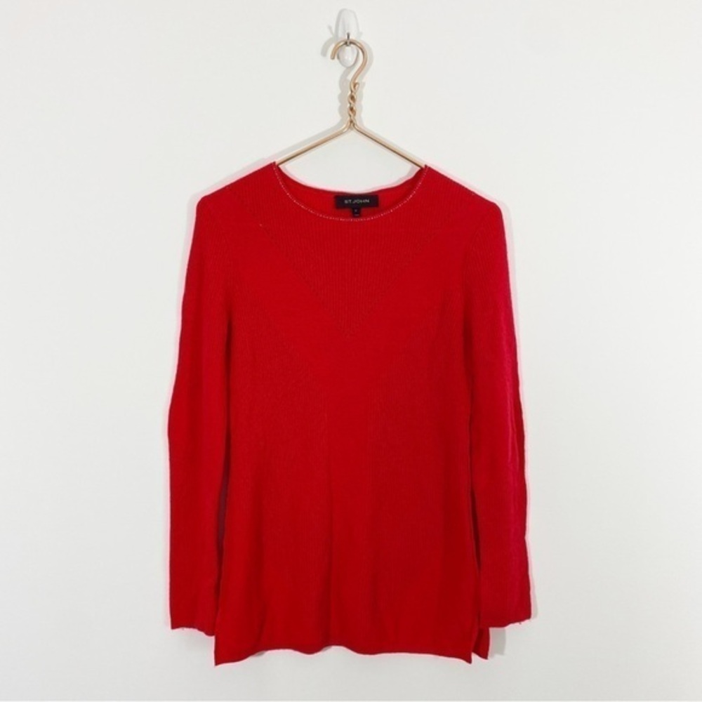St. John 100%‎ Cashmere Size P/XS Ribbed Red Sweater Rhinestones